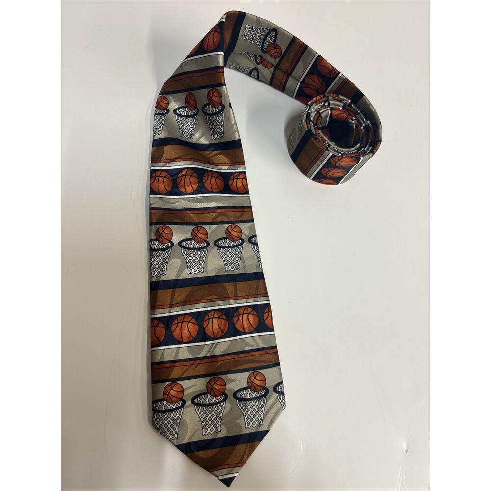 Basketball Neck Tie Stephen Harris Handmade Black Orange Navy Blue Hoops